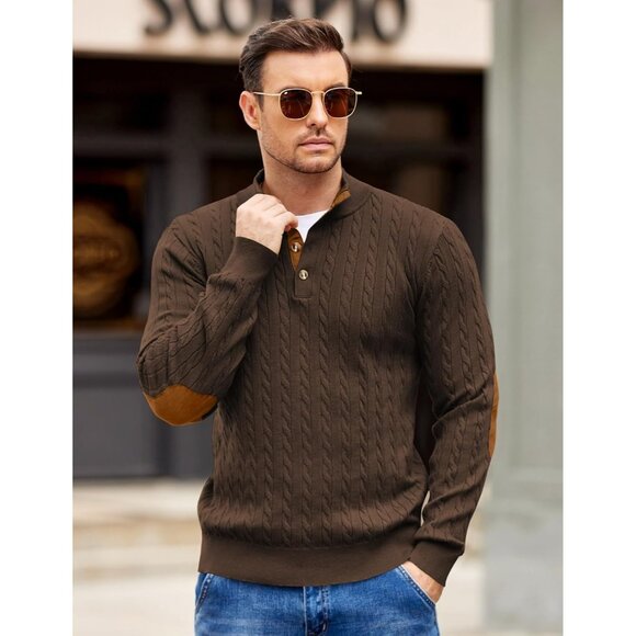 Men's Cable Knitted Pullover Sweaters Long Sleeve Stand Collar Button Up Brown - Picture 2 of 6